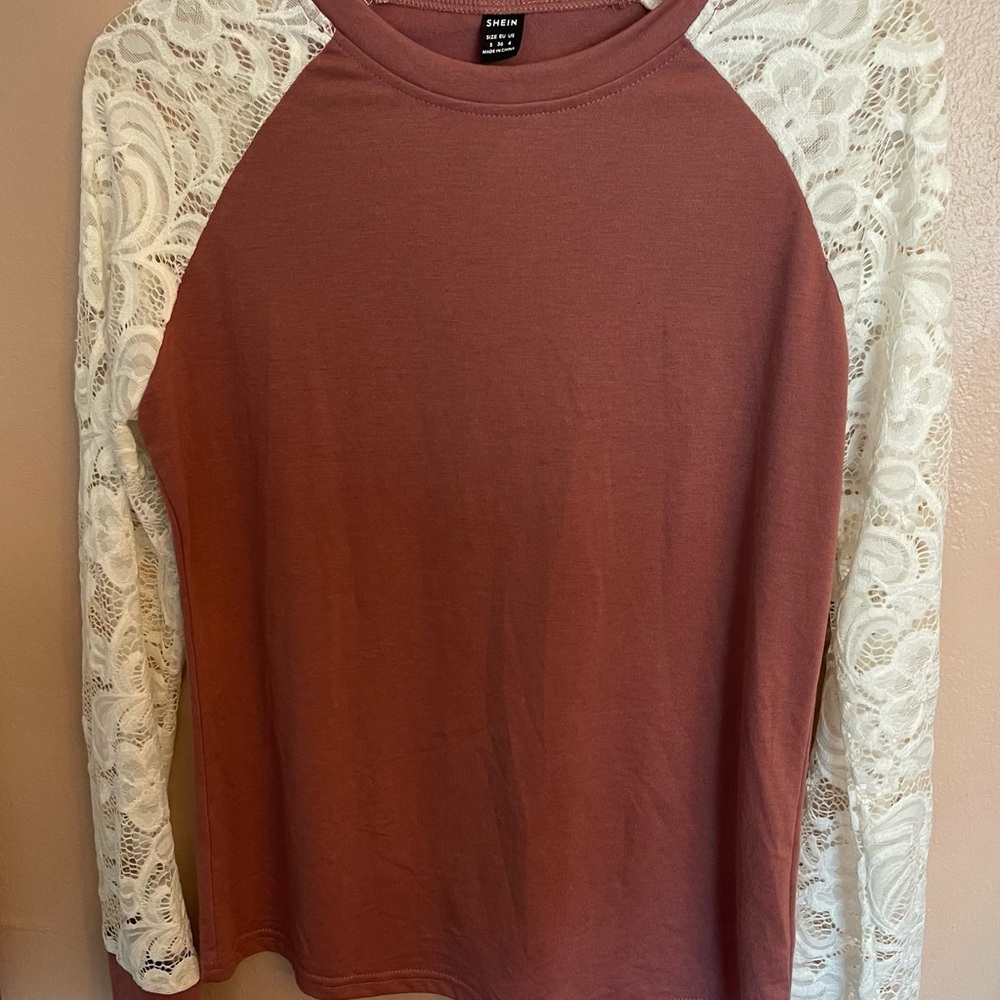 Shein blush pink color long sleeve shirt with lace size S (4)